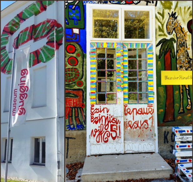 Eine Collage aus zwei Fotos, die nebeneinander angeordnet sind: Das linke Foto zeigt ein großes, weißes Gebäude mit mehreren Stockwerken. die Fassade ist mit farbenfrohen, kranzartigen Mustern in Rot und Grün bemalt. Davor stehen Fahnenmasten mit Transparenten des „museum gugging“. Ein Parkplatzschild ist sichtbar. Das rechte Foto zeigt eine buntbemalte Doppeltür aus Glas mit weißen Rahmen. Auf den Türflächen befinden sich rote Schriftzüge und Muster. Rundherum wird die Tür von bunten Streifen umrahmt und beiderseits befinden sich Wandmalereien mit abstrakten Formen. eine Giraffe und ein gelbes Schild mit der Aufschrift „Haus der Künstler“ ist zu erkennen.
