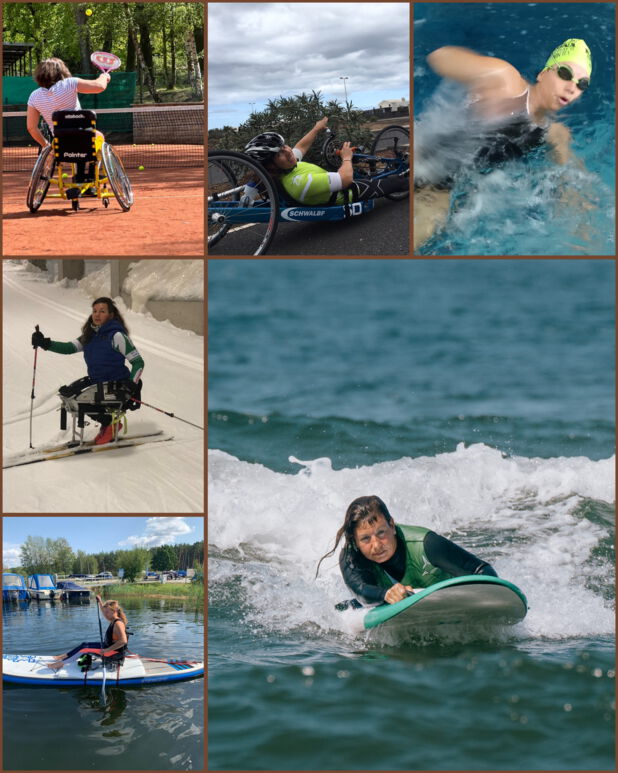 Eine Collage aus 6 Fotos. Oben links: Michaela Schlett sitzt im gelben Sportrollstuhl auf einem roten Sandplatz. Sie hält einen Tennisschläger in der Hand. Im Hintergrund sind grünbelaubte Bäume sichtbar. Oben Mitte: Michaela mit dem Handbike auf einer Straße. Sie liegt in ihrem Liegefahrrad, trägt einen Helm und ein grünes Trikot. Im Hintergrund ragen unter bewölktem Himmel Palmen auf. Oben rechts: Michaela mit Badekappe und Schwimmbrille in einem Schwimmbecken. Wasser spritzt auf. Ihr Gesicht wirkt konzentriert. Mitte links: Michaela mit einem Monoski auf einer Piste. Sie trägt Wintersportkleidung und hält Skistöcke in den Händen. Der Schnee glänzt unter ihren Skiern. Unten links: Michaela im Sitzen auf einem SUP-Board auf einem See. Sie trägt eine Schwimmweste, hält Paddel in den Händen, ihre Beine sind angeschnallt. Im Hintergrund liegen Boote am Steg. Unten rechts: Michaela auf einem Surfbrett. Sie trägt einen Neoprenanzug und schaut nach vorn. Das Wasser um sie spritzt auf.