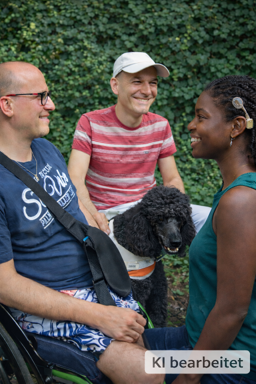 In sonnigem Licht sitzen drei Personen vor einer dicht bewachsenen, grünen Efeu-Hecke. Links sitzt ein Mann im Rollstuhl, er trägt ein blaues T-Shirt und eine schwarze Umhängetasche; er lächelt und sieht zu den anderen. In der Mitte sitzt ein Mann mit weißer Kappe und rot gestreiftem T-Shirt, ebenfalls lächelnd. Zwischen ihnen steht ein schwarzer Königspudel in seinem weißen Führgeschirr und trägt eine orangefarbene Kenndecke; der Hund sieht uns direkt an. Rechts sitzt eine schwarze Frau im Profil, sie lächelt, gestikulierend  hat sie ihre Hände erhoben und trägt hinter dem linken Ohr ein sichtbares Cochlea-Implantat. Unten rechts steht als Hinweis ein Label: KI bearbeitet.
