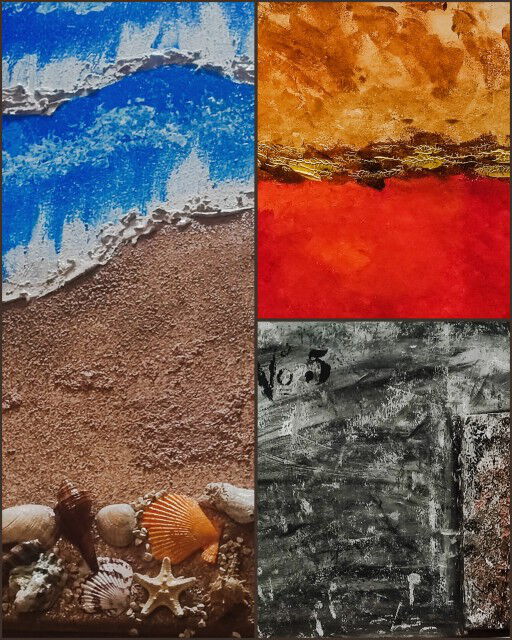 Eine Collage aus drei Bildern. Links befindet sich ein Gemälde im Hochformat: in der oberen Hälfte sind kräftige, strukturierte blaue Wellen mit weißen Schaumkronen zu erkennen. Darunter beginnt der sandige Strand, der mit feiner Struktur und körnigem Material dargestellt ist. Am unteren Rand sind Muscheln, Schnecken und ein Seestern angebracht. Rechts neben diesem Gemälde befinden sich zwei übereinander angeordnete Bilder. Bei dem oberen Bild handelt es sich um ein abstraktes Gemälde in warmen Braun-, Rot- und Goldtönen. In der horizontalen Mitte zieht sich eine dunkle, fast glühende Linie, durchsetzt mit goldenen, strukturierten Elementen – sie erinnern an eine Erd- oder Gesteinsschicht. Das dritte Bild ist in Grautönen und Schwarz-Weiß gehalten. Es wirkt roh und strukturiert, mit Spachtelspuren und Überlagerungen – wie eine Wand oder Betonfläche, teils verwittert. Oben links steht „No. 5“.