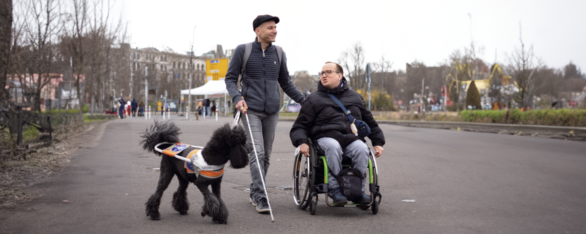 Das Foto zeigt zwei Männer, einer davon sitzt in einem Rollstuhl, und einen Blindenführhund auf einem asphaltierten Weg.  Der Mann im Rollstuhl ist jüngeren Alters. Er hat dunkles, kurzes Haar und trägt eine schwarze Jacke zu einer grauen Hose und eine dunkle Vollrandbrille im Gesicht. Der andere Mann befindet sich links daneben und hält sich am Griff des Rollstuhls fest. Dieser Mann trägt eine anthrazitfarbene Jacke, eine Graue Jeanshose und eine schwarze Schiebermütze auf dem Kopf. Sein Gesicht ist dem anderen Mann zugewandt. In seiner rechten Hand hält er einen weißen Blindenlangstock und eine weiße Leine. An dieser befindet sich ein schwarzer Königspudel in seinem weißen Führgeschirr.    Die Männer lächeln. Beiderseits des Weges sind verschwommen unbelaubte Bäume und hellgrüne Hecken sichtbar und entfernt im Hintergrund ein Pavillon, Menschen und die Fassaden von Häusern.