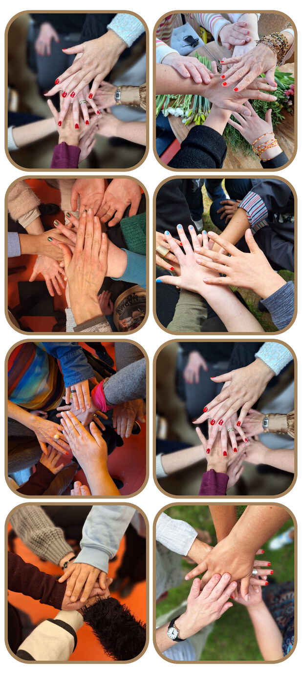 Die Collage besteht aus acht quadratischen Fotos, die in zwei Spalten und vier Reihen angeordnet sind. Oben links: Mehrere Hände liegen übereinander. Einige Fingernägel sind rot lackiert. Ein Ring ist sichtbar. Oben rechts: Mehrere Hände sind übereinandergelegt. Im Hintergrund liegen Blumenstiele auf einem Tisch. Einige Personen tragen Armbänder. Zweite Reihe links: Mehrere Hände liegen übereinander. Die Fingernägel sind teilweise lackiert, unter anderem in Grün. Zweite Reihe rechts: Mehrere Hände liegen übereinander. Einige Fingernägel sind blau oder rot lackiert. Dritte Reihe links: Mehrere Hände sind übereinandergelegt. Unterschiedliche Kleidung ist sichtbar, ein bunter Stoff und eine Jeansjacke. Unten links: Mehrere Hände sind übereinandergelegt. Ein Armband, einen Ärmel mit Fellbesatz. Unten rechts: Mehrere Hände liegen übereinander. Eine Person trägt eine Uhr. Einige Fingernägel sind rot lackiert.