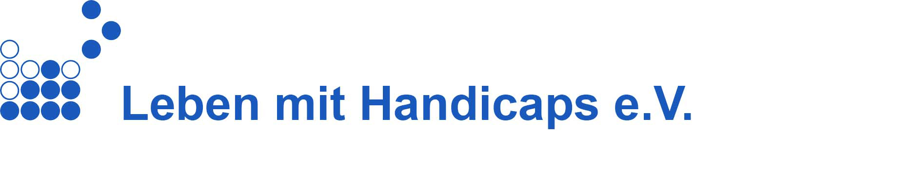Das Logo des Vereins Leben mit Handicaps e.V.: Himmelblaue Kreise und Punkte bilden ein Viereck. Die Kreise und Punkte wechseln sich unregelmäßig ab. Auf Höhe der rechten oberen Ecke des Vierecks bilden drei himmelblaue Punkte ein Dreieck. Eine Spitze des Dreiecks zeigt nach rechts. Rechts daneben steht in dicken himmelblauen Buchstaben der Name des Vereins.